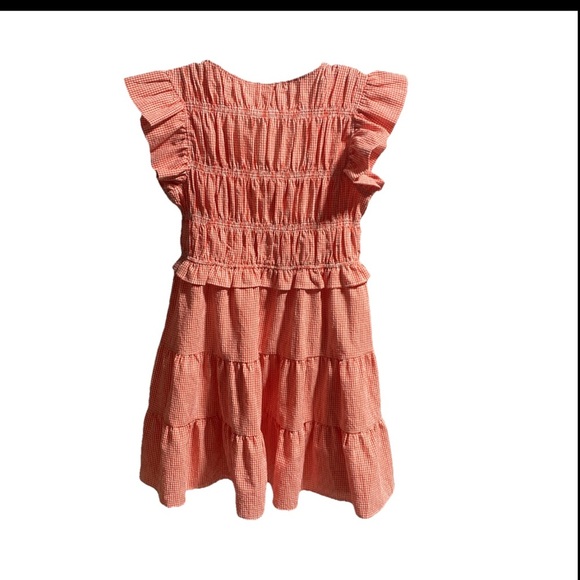 PEach LoveCalifornia Gingham smocked bodice flutters slave tiered midi dress J-2 - Picture 2 of 8